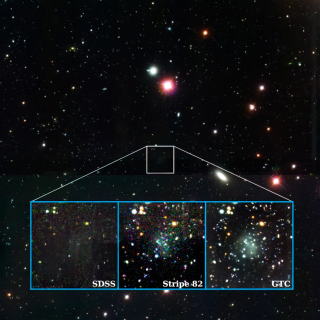 Imágen de la galaxia Nube a través de distintos telescopios. Crédito: SDSS/GTC/IAC
