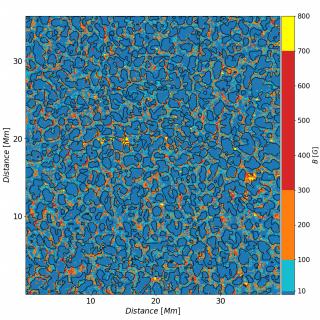 Average magnetic field of the quiet Sun as inferred from the observational data. Black contours display the frontier between granules and intergranules (i.e., Ic = 1.0, where Ic is the continuum intensity). The magnetic field strength color bar has been clipped at 800 G.