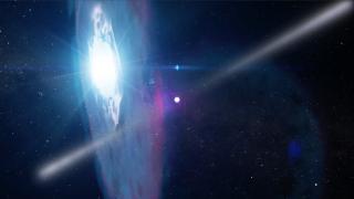 El púlsar PSR J2032+4127 en su momento de máximo acercamiento a la estrella MT91 213, una estrella azul con un disco de materia a su alrededor. Crédito: NASA’s Goddard Space Flight Center