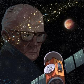 Artistic representations of a Clarke exobelt with and without a portrait of Sir Arthur C. Clarke