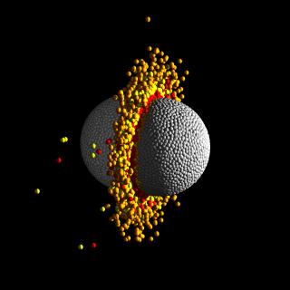 Simulación hidrodinámica de una colisión frontal de alta velocidad entre dos planetas de la masa terrestre.