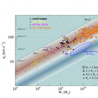 Masa estelar vs. dispersión de velocidades que muestra como sistemas estelares, a lo largo de 7 órdenes de magnitud en masa, siguen la relación del Virial. Bulbos pequeños y pepitas rojas a alto desplazamiento al rojo siguen la misma relación que indica un origen común.
