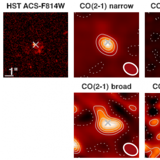 HST imaging and narrow and broad components ALMA maps of ID2299. The top-left panel shows the HST-F814W imaging of the source, sampling the UV rest-frame emission from young stars. The top (bottom) rows show the CO(2-1), CO(5-4), [CI](2-1) and CO(7-6) ALMA maps of the narrow (broad) emission
