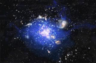 Artist’s impression of a cosmic “ocean” of cold gas, discovered at heart of an embryonic cluster of galaxies, some 10 billion light years away. The central region has been given the name “Spiderweb” though it was previously known as MRC 1138-262, because Artist’s impression of a cosmic “ocean” of cold gas, discovered at heart of an embryonic cluster of galaxies, some 10 billion light years away. The central region has been given the name “Spiderweb” though it was previously known as MRC 1138-262, because