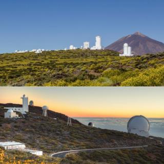 Observatorios del Teide (arriba) y del Roque de los Muchachos (abajo). Crédito: Daniel López y Pablo Bonet /IAC.  