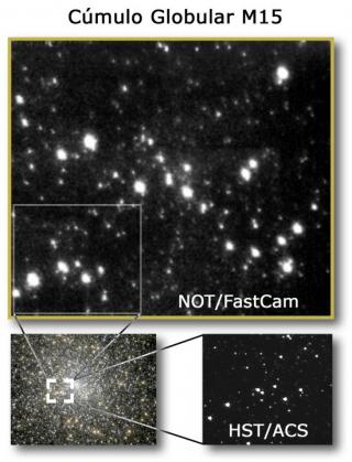 Imagen del núcleo del cúmulo globular M15 obtenida con FastCam en comparación con el Telescopio Espacial Hubble (HST). La imagen de FastCam es el resultado de seleccionar el 1% de las mejores imágenes de una serie de 15.000 obtenidas con 30 milisegundos d 8014