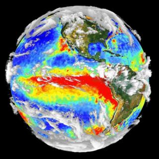 Clouds are indicative of atmospheric pressure and existing temperature. Terrestrial cloud cover can be seen this three-dimensional representation, obtained from combined measurments from various meteorological satellites. The cloud distribution is represe