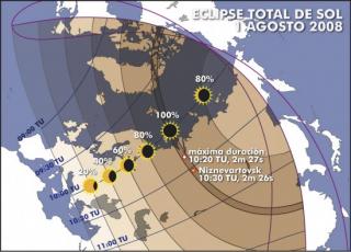 El mapa muestra la visibilidad del eclipse de Sol en diferentes zonas de Canadá, Groenlandia, Europa y Asia. El eclipse total se podrá contemplar a lo largo de la banda de totalidad, representada en la imagen como una estrecha franja y con el símbolo del 8053