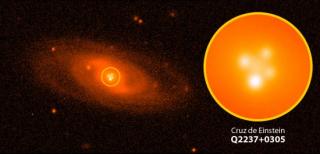 Imagen de la lente gravitatoria de cuatro componentes conocida como Q2237+0305 o 'Cruz de Einstein', obtenida con el Telescopio Óptico Nórdico (NOT), ubicado en el Observatorio del Roque de los Muchachos, en la isla de La Palma. Crédito: IAC. 8211