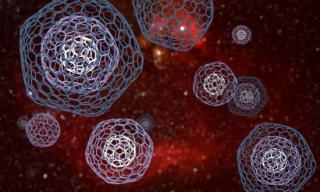 Artist's impression of  complex fullerenes (carbon onions or multishell fullerenes such as C60@C240 and C60@C240@C540) produced by a planetary nebula and expelled into the interstellar medium. The connection between these molecules and certain diffuse int