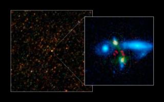 Varios telescopios han contribuido al descubrimiento de la formación de una galaxia masiva muy lejana a partir de la fusión de dos galaxias masivas muy luminosas en el infrarrojo lejano cuando el universo tenía unos tres mil millones de años (la edad actu 8220