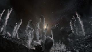Artist's representation of the surface of the comet at dawn (image from the video "Explorando el sistema solar").