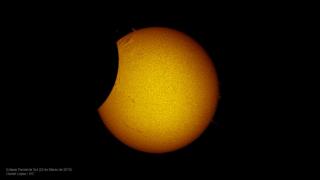 Halpha image of the partial solar eclipse of March 20, 2015. The image was obtained with one of the telescopes used in the IAC SolarLab project, from Granadilla (Tenerife). Credits: Daniel López / IAC. Halpha image of the partial solar eclipse of March 20, 2015. The image was obtained with one of the telescopes used in the IAC SolarLab project, from Granadilla (Tenerife). Credits: Daniel López / IAC.