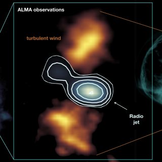 The compact radio jet in the center of the Teacup galaxy blows a lateral turbulent wind in the cold dense gas, as predicted by the simulations. Credit: HST/ ALMA/ VLA/ M. Meenakshi/ D. Mukherjee/ A. Audibert