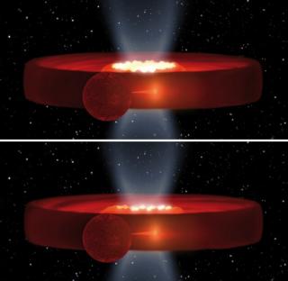 Artistic view of the system Swift J1357.2-0933. The vertical structure present in the inner accretion disc produces the optical dips with a periodicity of a few minutes whereas the orbital period is 2.8h. G. Pérez (SMM/IAC).