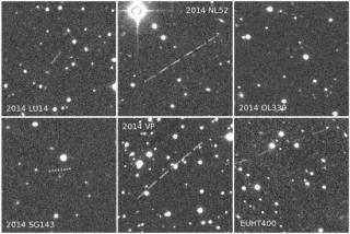 Figure caption: NEA discovery stack images. The field of view (FOV) is 2 arcmin x 2 arcmin in normal sky orientation. 2014 OL339 could be barely seen in the upper side, while for EUHT400 we include only the last four of the available six images.