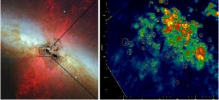 Imagen de M82 (telescopio Subaru de 8m), mostrando los supervientos galácticos (a la izquierda, en color rojo). El recuadro muestra la identificación de supercúmulos estelares realizada por el equipo del IAC sobre una imagen del HST. 7743