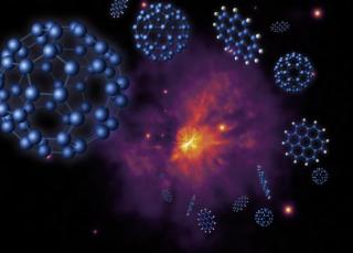 Artistic composition of the fullerenes and polycyclic aromatic hydrocarbons found in a R Corona Borealis star rich in hydrogen. The non-detection of these molecules in the vast majority of very hydrogen-poor R Coronae Borealis stars contradicts the terres Artistic composition of the fullerenes and polycyclic aromatic hydrocarbons found in a R Corona Borealis star rich in hydrogen. The non-detection of these molecules in the vast majority of very hydrogen-poor R Coronae Borealis stars contradicts the terres