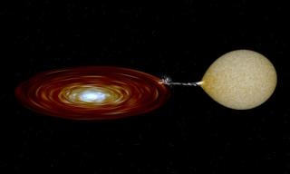 Representación de un sistema similar a XTE J1859+226. Se aprecia la estrella deformada por la influencia del agujero negro, el chorro de materia que va hacia el agujero negro y el disco que se forma en torno a éste. Fuente/Jesús Corral Santana (IAC). Hech 7759