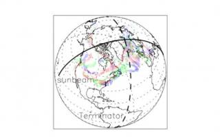 Pie de figura: Proyección de la sección media del cono de luz que alcanza la superficie de la luna observada a las 21:36UT del 16 de agosto del 2008. También, la nube de SO2 (un indicador habitual de emisiones volcánicas) para el 15, 16 y 17 de ese mismo 7765