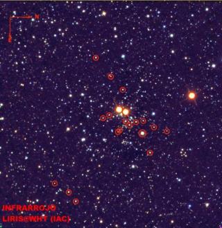 Imagen en falso color (azul=J, verde=H, rojo=KS) del cúmulo estelar masivo Masgomas-1. Con círculos rojos se han marcado las estrellas masivas clasificadas espectroscópicamente.//LIRIS/ Telescopio William Herschel. 7778