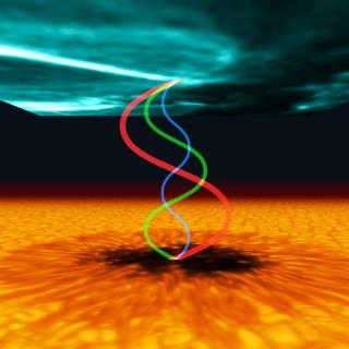 Recreación artística de ondas atrapadas entre la superficie de una mancha solar (imagen inferior obtenida con GREGOR Fabry-Pérot Interferometer) y la región de transición (imagen superior, cortesía de NASA/SDO y el equipo científico de AIA). Crédito: Gabriel Pérez Díaz, SMM (IAC).