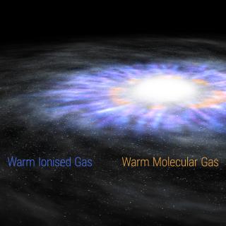 Ilustración artística que muestra los vientos ionizados templado y caliente y el gas molecular templado rotando en una galaxia con un AGN. Crédito: Gabriel Pérez Díaz (IAC).