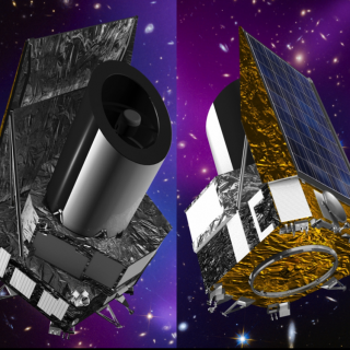 Tres fotos del Instrumento con fondos de galaxias en distintos vistas