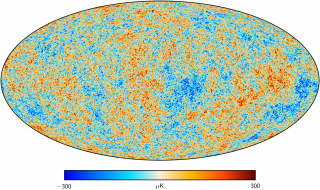 CMB map derived from Planck data Full-sky map showing the spatial distribution of the primary anisotropies of the Cosmic Microwave Background (generated 380,000 years after the Big Bang) derived from observations of the Planck satellite