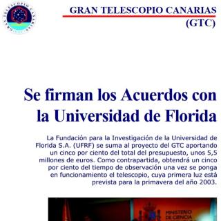 Cover Gran Telescopio Canarias (GTC). Agreements are signed with the University of Florida