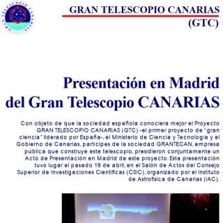 Portada Gran Telescopio Canarias (GTC). Presentación en Madrid del Gran Telescopio CANARIAS