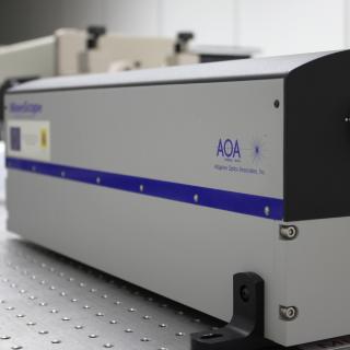View of the Wavescope wave front sensor in the laboratory View of the Wavescope wave front sensor in the laboratory. Medium-sized appliance on an optical table with holes, in the front of which has an entrance for light covered with a lid